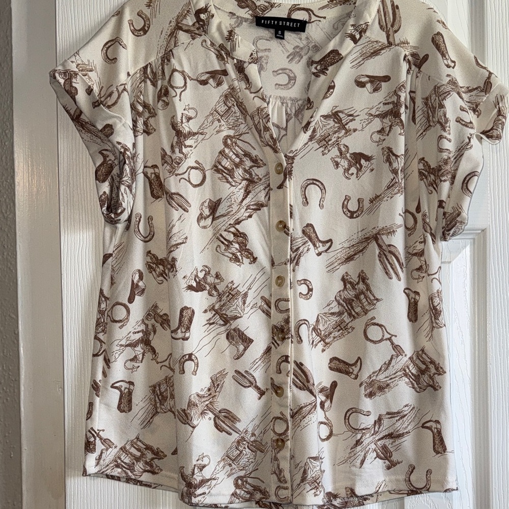 Cream Western Print Button-Front Top